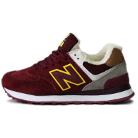 Кроссовки New Balance 574 зимние бордовые с желтым