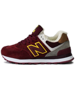 Кроссовки New Balance 574 зимние бордовые с желтым