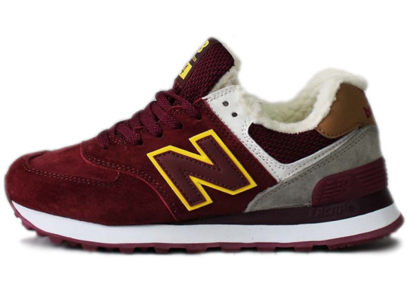 Кроссовки New Balance 574 зимние бордовые с желтым