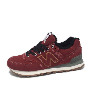 Кроссовки New Balance 574 зимние бордовые с черным мехом